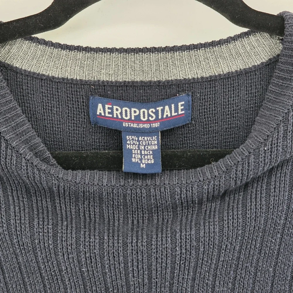 Vintage Aeropostale Sweater Mens Size‎ Medium Navy Henley Knit Ribbed Pullover